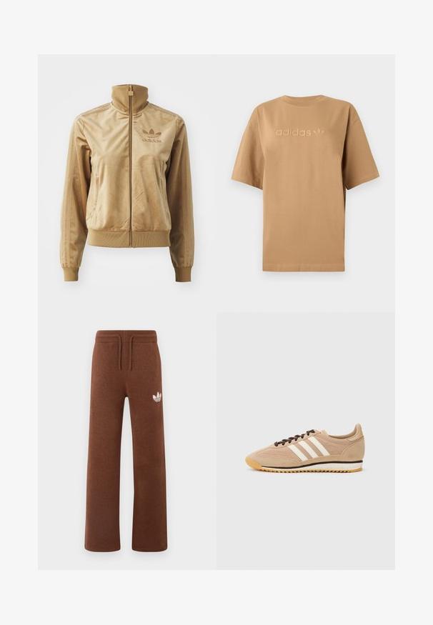 Tan velour zip-up jakke med høy krage. Den har ribbestrikkede mansjetter og kant, sidelommer og brodert logo på brystet.; Brun bomulls t-skjorte med korte ermer og rund halslinje. Har hevet "adidas"-logo og trefoil-emblem i matchende tone.; Brune joggebukser i mykt stoff med avslappet passform, med elastisk liv og snøring, samt en hvit logo på venstre lår.; Brune semskede og mesh sko med brune snørebånd og tre hvite striper. Kombinert med grønne og hvite stripesbukser, hvilende på en blå overflate.
