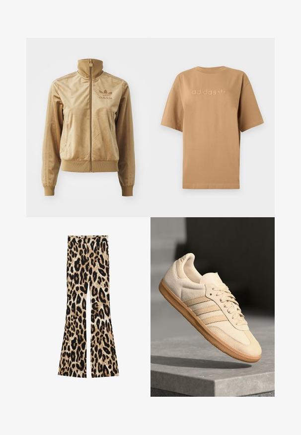 Veste zippée en velours beige avec un col haut. Comprend des poignets et un ourlet côtelés, des poches latérales et un logo brodé sur la poitrine.; T-shirt en coton marron à manches courtes et encolure ronde. Présente un logo "adidas" en relief et un emblème tréfoil dans une teinte assortie.; Pantalons évasés avec un motif léopard dans des tons de noir et de marron, texture côtelée et une taille haute.; Sneaker en suède beige clair avec semelle en gomme, trois rayures diagonales et un capuchon de pied texturé. Logo sur la languette et sur le côté.
