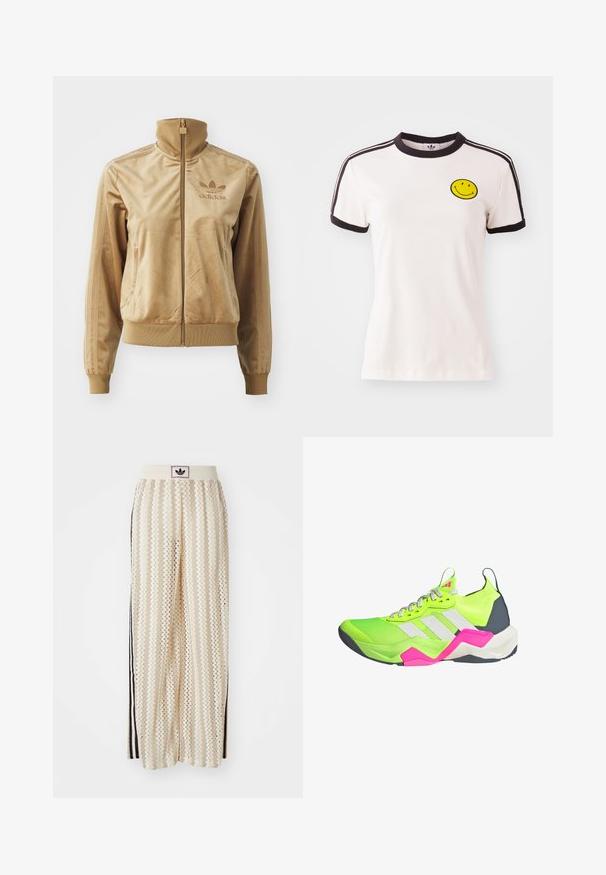 Chaqueta de felpa de color beige con cremallera y cuello alto. Presenta puños y dobladillo acanalados, bolsillos laterales y un logo bordado en el pecho.; Camiseta de algodón blanca con cuello de canalé negro, mangas cortas, acentos de rayas negras y una cara sonriente amarilla bordada en el pecho.; Pantalones de pierna ancha en color crema con un patrón en zigzag, que cuentan con una cinturilla con logo negro y franjas negras en los laterales. Tejido ligero y texturizado.; Zapatilla deportiva de color verde neón con acentos grises, tres rayas blancas y detalles en rosa. Cuenta con una parte superior texturizada y una suela acolchada.