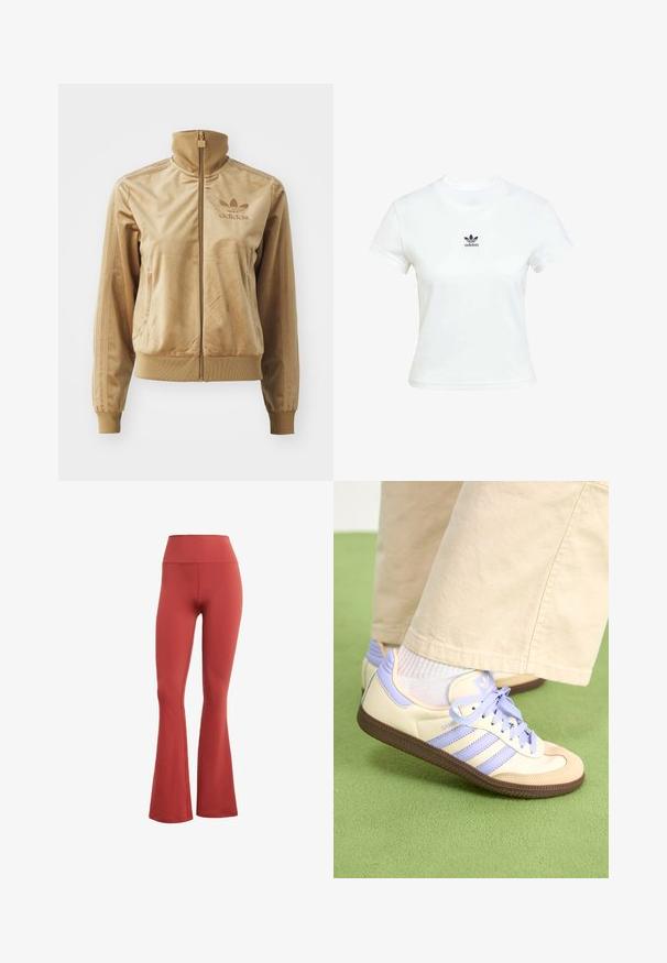 Tan velour zip-up jacket with a high collar. Features ribbed cuffs and hem, side pockets, and embroidered logo on the chest.; White cotton t-shirt with short sleeves and a crew neckline. Features a black Adidas logo printed on the chest. Simple, minimal design.; Red flared leggings with a high waist, made of stretchy fabric. Smooth texture with no visible patterns or hardware.; Cream and lavender sneakers with three stripes and a textured brown sole, featuring laces and a padded heel. Soft fabric upper.