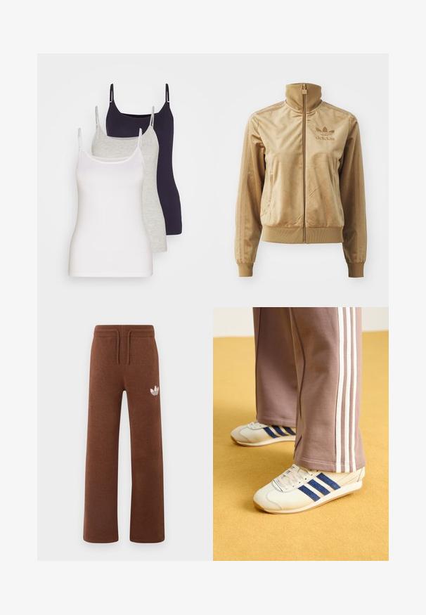 Tan velour zip-up jacket with a high collar. Features ribbed cuffs and hem, side pockets, and embroidered logo on the chest.; Three tank tops in white, gray, and dark navy. Made of soft cotton, featuring thin straps and a fitted design without embellishments.; Brown sweatpants in soft fabric with a relaxed fit, featuring an elastic waistband, drawstring, and a white logo on the left thigh.; Cream sneakers with blue suede stripes, white laces, and a rubber sole. Paired with gray sweatpants featuring white side stripes.