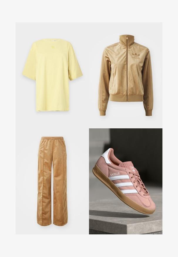Béžová sametová bunda na zip s vysokým límcem. Obsahuje žebrované manžety a lem, boční kapsy a vyšívané logo na hrudi.; Žluté bavlněné tričko s kulatým výstřihem a krátkými rukávy. Obsahuje malé, tónové logo na hrudníku. Jednoduchý, uvolněný střih.; Hnědé široké kalhoty vyrobené z měkkého, sametového materiálu. Obsahují elastický pas a vertikální švy na přední straně pro zvýšení detailu.; Růžové semišové tenisky s bílými pruhy, gumovou podrážkou, texturovaným svrškem a logem na jazyku. Klasický nízký design.
