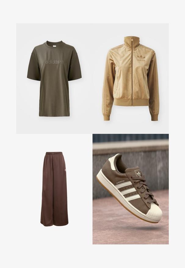 Tan velour zip-up jakke med høy krage. Den har ribbestrikkede mansjetter og kant, sidelommer og brodert logo på brystet.; Olivenfarget bomull T-skjorte med rund hals, korte ermer og tonal "adidas"-logo over brystet. Minimalistisk design og glatt tekstur.; adidas Originals Joggebukse - auburn cream white; Brune semsket sneakers med hvite striper, kremfargede detaljer og gummiskalltå. Har snøring og teksturert gummisåle.
