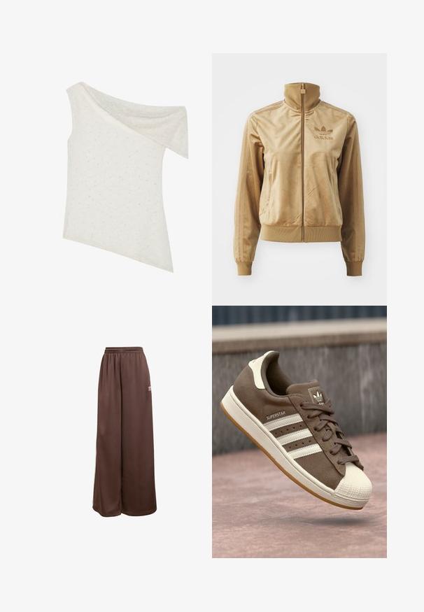 Bež velur jakna s patentnim zatvaračem i visokim ovratnikom. Sadrži rebraste rukave i rub, bočne džepove i izvezeni logotip na prsima.; Top s jedno rameno u krem boji, izrađen od teksturiranog materijala s suptilnim točkastim uzorkom, asimetričnog donjeg ruba i drapiranim dekolteom.; adidas Originals Donji dijelovi trenirke - auburn cream white; Smeđi suedetenisice s bijelim prugama, kremastim naglascima i gumenkatom nosu. Imaju vezano dizajn i teksturiranu gumu.