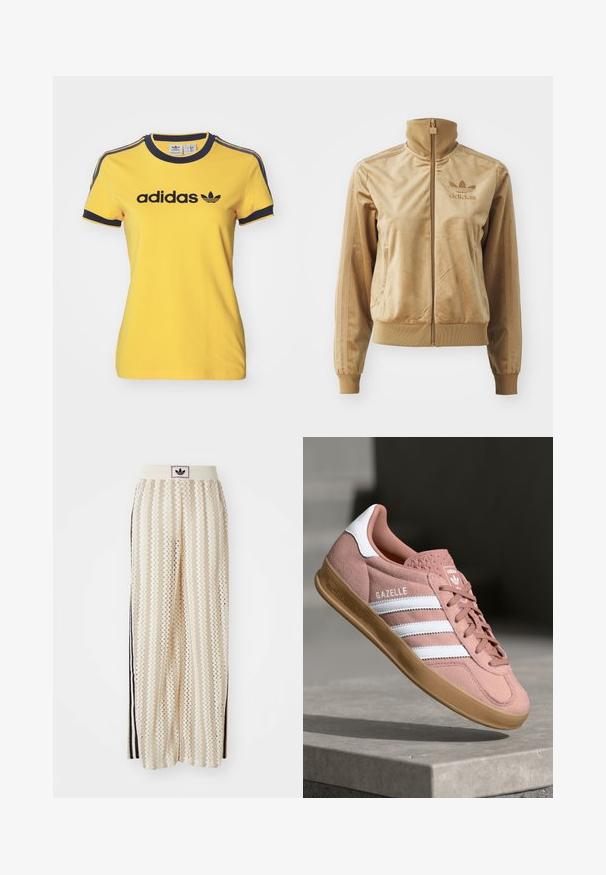 Tan velour zip-up jakke med høy krage. Den har ribbestrikkede mansjetter og kant, sidelommer og brodert logo på brystet.; adidas Originals GRAPHIC BADGE SLIM 3-STRIPES - T-shirts med print - crew yellow; Kremfargede bukser med brede ben og zigzag-mønster, med en svart logo-linning og svarte striper på siden. Lett, teksturert stoff.; Rosa semskesneaker med hvite striper, gummisåle, teksturert overdel og logo på tungen. Klassisk lavt design.