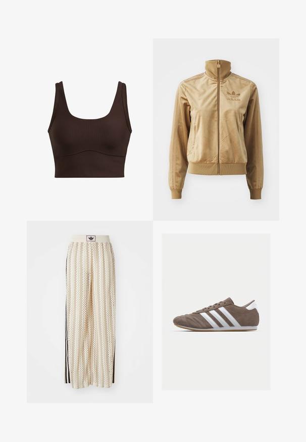 Bež velur jakna na zip z visokim ovratnikom. Ima rebraste manšete in rob, stranske žepe ter izvezeno logo na prsih.; Rjav rebrast crop top z širokimi naramnicami, pravokotnim izrezom in brezšivnim šivom ob pasu, z gladko teksturo.; Hlače širokega kroja kremne barve z zigzag vzorcem, opremljene z črnim logotipom na pasu in stranskimi črnimi črtami. Lahka, teksturirana tkanina.; Rjav semafor športni copat z belimi črtami, okroglo nos, vezalni dizajn in gumijastim podplatom. Tekstura zgornjega dela s šivi.
