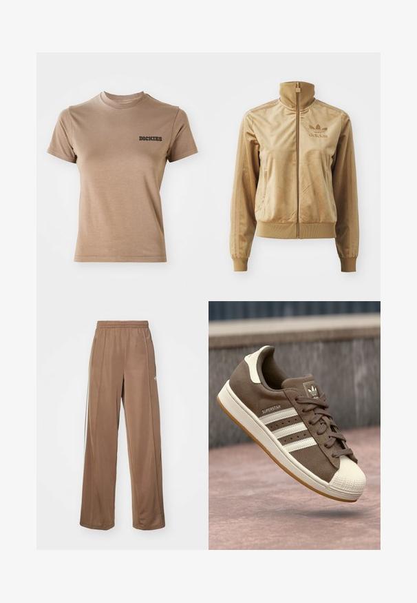 Chaqueta de felpa de color beige con cremallera y cuello alto. Presenta puños y dobladillo acanalados, bolsillos laterales y un logo bordado en el pecho.; Camiseta de algodón marrón con manga corta y cuello redondo. Presenta un logotipo negro de "DICKIES" en la parte izquierda del pecho. Textura suave.; Pantalones deportivos marrones hechos de tela suave, con una cinturilla elástica, bolsillos laterales y acentos en blanco del logo en la cadera izquierda.; Zapatillas de ante marrón con rayas blancas, detalles en color crema y punta de goma. Cuenta con un diseño de cordones y suela de goma texturizada.
