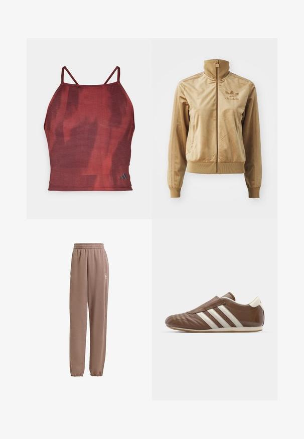Jachetă crem din velur, cu fermoar, având un guler înalt. Dispune de manșete și tiv cu un model ribatat, buzunare laterale și un logo brodat pe piept.; Top de sport croppat, texturat, de culoare roșie, cu bretele subțiri și un model subtil. Prezintă un mic logo negru în colțul din dreapta jos.; Pantaloni de trening maro, confecționați dintr-un material moale, având o talie elastică, buzunare laterale și manșete elastice, cu un accent de logo alb.; adidas Originals TAEKWONDO - Pantofi slip-on - preloved brown/off white