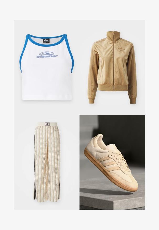 Jachetă crem din velur, cu fermoar, având un guler înalt. Dispune de manșete și tiv cu un model ribatat, buzunare laterale și un logo brodat pe piept.; Top alb cu o margine albastră și guler rotund. Prezintă un logo Quiksilver albastru pe față. Fabricat dintr-un material neted și ușor.; Pantaloni largi de culoare crem, cu un model în zigzag, având un brâu cu logo negru și dungi laterale negre. Material ușor, texturat.; Sneaker din suède bej deschis, cu talpă din cauciuc, trei dungi diagonale și o capacă texturată pentru degete. Prezintă logo pe limbă și pe lateral.