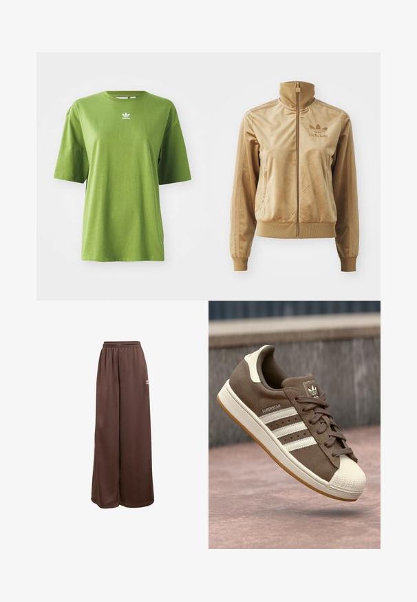 Tan Velours Sweatjacke mit hohem Kragen. Verfügt über gerippte Bündchen und Saum, seitliche Taschen und ein gesticktes Logo auf der Brust.; Grünes Baumwoll-T-Shirt mit kurzen Ärmeln, Rundhalsausschnitt und weißem Adidas-Logo auf der Brust. Glatte Textur, lässige Passform.; adidas Originals Jogginghose - auburn cream white; Braune Wildleder-Sneaker mit weißen Streifen, crèmefarbenen Akzenten und einer Gummischale an der Zehe. Verfügt über ein Schnürdesign und eine strukturierte Gummisohle.