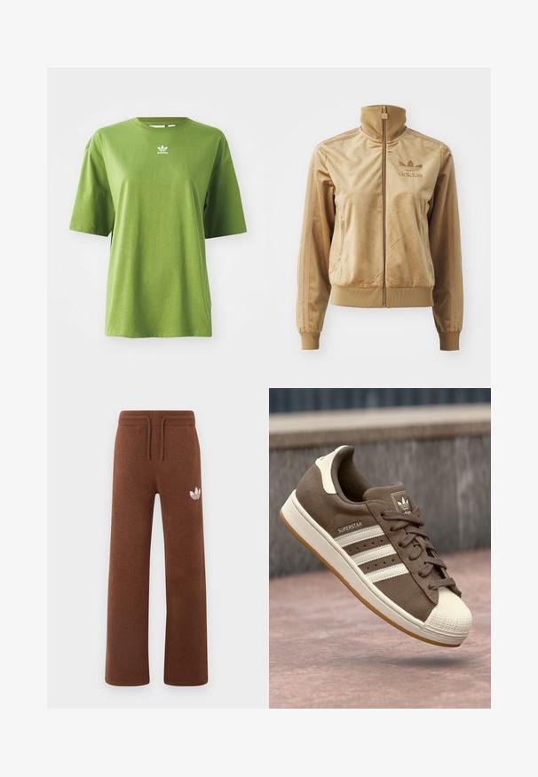 Tan velour zip-up jakke med høj krave. Har ribbede manchetter og kant, sidelommer og broderet logo på brystet.; Grøn bomuld t-shirt med korte ærmer, rund halsudskæring og hvidt Adidas-logo på brystet. Glat tekstur, afslappet pasform.; Brune sweatpants i blødt stof med en afslappet pasform, der har en elastisk talje, snørre og et hvidt logo på venstre lår.; Brune ruskinds sneakers med hvide striber, cremefarvede detaljer og gummiskal tå. Har snørebåndsdesign og struktureret gummisål.