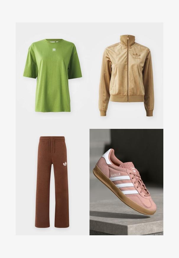 Tan velour zip-up jacket with a high collar. Features ribbed cuffs and hem, side pockets, and embroidered logo on the chest.; Green cotton t-shirt with short sleeves, round neckline, and white Adidas logo on the chest. Smooth texture, relaxed fit.; Brown sweatpants in soft fabric with a relaxed fit, featuring an elastic waistband, drawstring, and a white logo on the left thigh.; Pink suede sneaker with white stripes, rubber gum sole, textured upper, and logo on tongue. Classic low-top design.