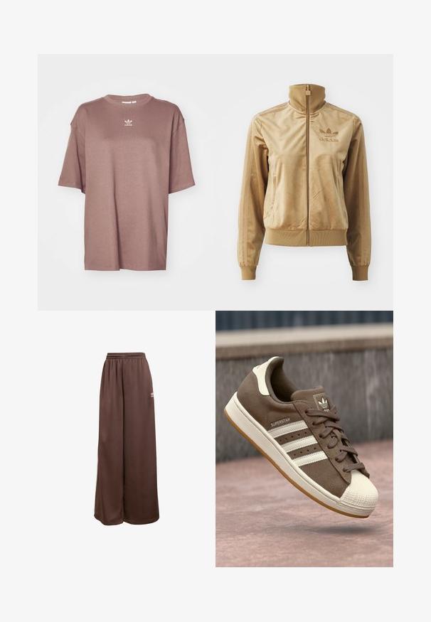 Chaqueta de felpa de color beige con cremallera y cuello alto. Presenta puños y dobladillo acanalados, bolsillos laterales y un logo bordado en el pecho.; adidas Originals TEE - Camiseta básica - trace brown; adidas Originals Pantalones deportivos - auburn cream white; Zapatillas de ante marrón con rayas blancas, detalles en color crema y punta de goma. Cuenta con un diseño de cordones y suela de goma texturizada.