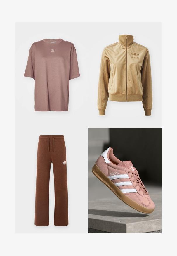 Kreemjas veluurist kapuutsiga jakki, mis sulgub tõmbel. Omab soonikkudega mansette ja allääri, küljetaskuid ning tikandiga logo rinnal.; adidas Originals TEE - Lihtne T-särk - trace brown; Pruunid dressipüksid pehmes kangas, millel on relaxeeritud lõige, elastne vöökoht, nöör ja valge logo vasakul reiel.; Roosa sametist toss, millel on valged triibud, kummist põhi, tekstuuriga pealis ja logo keelel. Klassikaline madal disain.