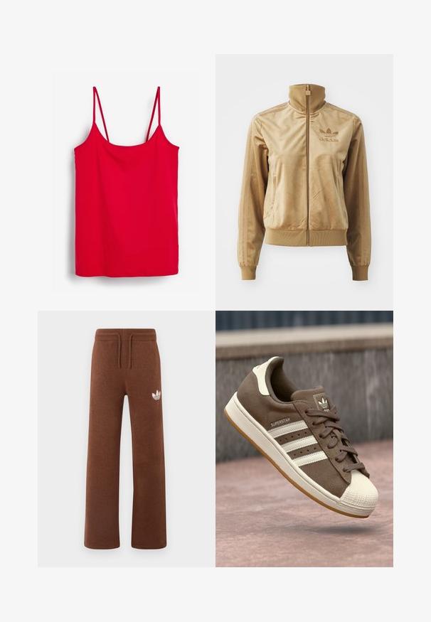 Vaaleanruskea velour-viitta, jossa on korkea kaulus. Ainoa ribbaus hihansuissa ja helmassa, sivutaskut sekä brodeerattu logo rinnassa.; Punainen top, joka on valmistettu sileästä kankaasta, ohuille säädettävillä olkaimilla ja suorella helmalla. Ei ylimääräisiä kuvioita tai yksityiskohtia.; Ruskeat collegehousut pehmeästä kankaasta rentoa istuvuutta varten, joissa on joustava vyötärö, nyörikiinnitys ja valkoinen logo vasemmassa reidessä.; Ruskeat mokka-tennarit, joissa on valkoiset raidat, kermaiset yksityiskohdat ja kuminen kärki. Varustettu nauhaketjulla ja kuvioidulla kuminpohjalla.