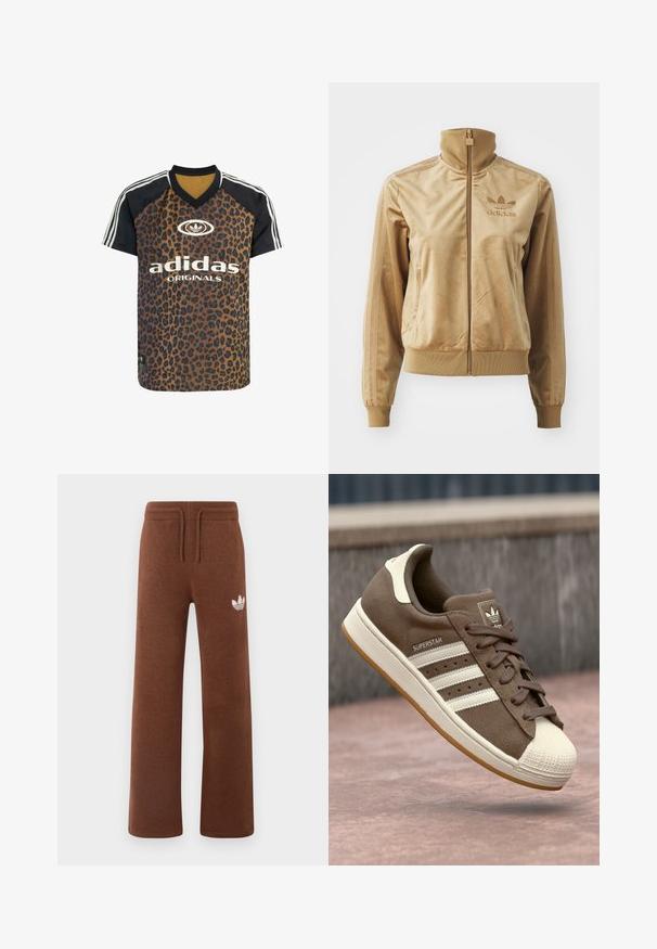 Chaqueta de felpa de color beige con cremallera y cuello alto. Presenta puños y dobladillo acanalados, bolsillos laterales y un logo bordado en el pecho.; adidas Originals LEO PRINT SATIN - Camiseta estampada - multicolor bronze strata; Pantalones de chándal marrones en un tejido suave con un corte relajado, que cuentan con una cinturilla elástica, cordón y un logo blanco en el muslo izquierdo.; Zapatillas de ante marrón con rayas blancas, detalles en color crema y punta de goma. Cuenta con un diseño de cordones y suela de goma texturizada.