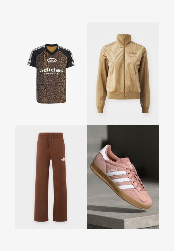 Béžová sametová bunda na zip s vysokým límcem. Obsahuje žebrované manžety a lem, boční kapsy a vyšívané logo na hrudi.; adidas Originals LEO PRINT SATIN - Triko s potiskem - multicolor bronze strata; Hnědé tepláky vyrobené z měkkého materiálu s volným střihem, s elastickým pasem, šňůrkou a bílým logem na levém stehně.; Růžové semišové tenisky s bílými pruhy, gumovou podrážkou, texturovaným svrškem a logem na jazyku. Klasický nízký design.