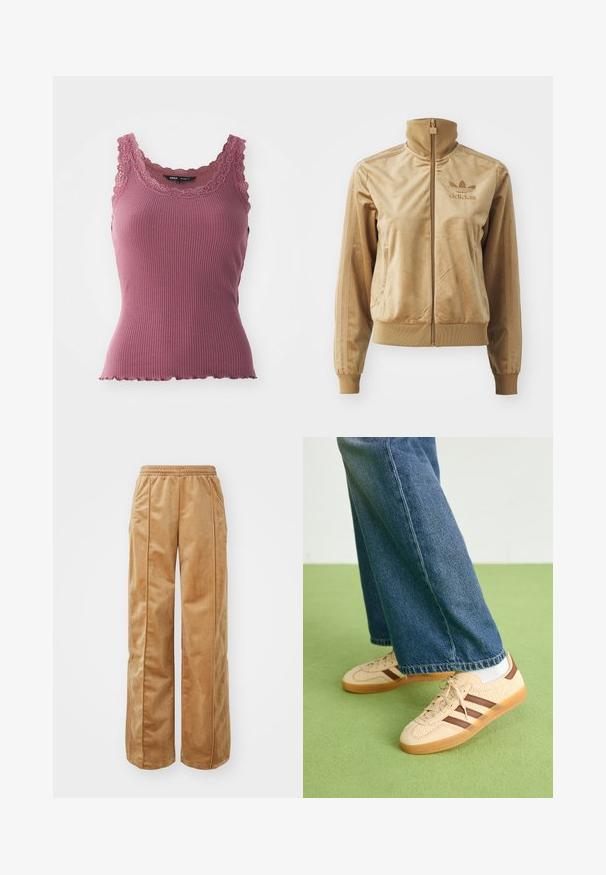 Béžová sametová bunda na zip s vysokým límcem. Obsahuje žebrované manžety a lem, boční kapsy a vyšívané logo na hrudi.; Růžový tílko s jemným žebrováním a vlnitým lemem, zdobené krajkovým lemem kolem výstřihu a ramínek, vyrobené z měkkého a pružného materiálu.; Hnědé široké kalhoty vyrobené z měkkého, sametového materiálu. Obsahují elastický pas a vertikální švy na přední straně pro zvýšení detailu.; Beige tenisky s texturovanými krémovými panely a hnědými pruhy, kombinované s modrými džínovými kalhotami. Džínsy mají široké nohavice a roztrhaný lem.