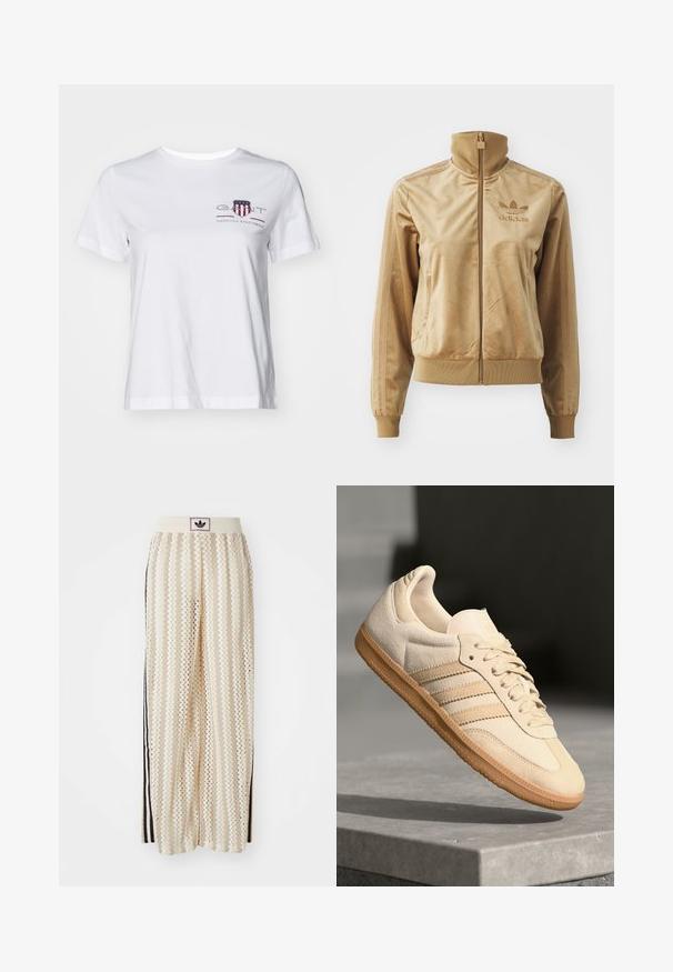 Veste zippée en velours beige avec un col haut. Comprend des poignets et un ourlet côtelés, des poches latérales et un logo brodé sur la poitrine.; T-shirt en coton blanc à manches courtes, col rond, avec un logo brodé rouge et bleu sur le côté gauche. Texture lisse, coupe décontractée.; Pantalons larges crème avec un motif en zigzag, dotés d'une ceinture logo noire et de bandes noires sur les côtés. Tissu léger et texturé.; Sneaker en suède beige clair avec semelle en gomme, trois rayures diagonales et un capuchon de pied texturé. Logo sur la languette et sur le côté.