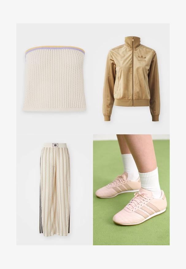 Giacca zip-up in velluto color sabbia con colletto alto. Presenta polsini e orlo a coste, tasche laterali e logo ricamato sul petto.; Top senza maniche in maglia crema con texture a coste. Accentuato da rifiniture gialle, viola e blu. Include un piccolo logo in metallo del brand.; Pantaloni a gamba larga color crema con un motivo a zigzag, dotati di una fascia in vita nera con logo e strisce nere laterali. Tessuto leggero e testurizzato.; Scarpe da ginnastica rosa chiaro con cuciture diagonali, suole bianche e tre strisce laterali. Indossate con calze bianche a coste su una superficie verde.