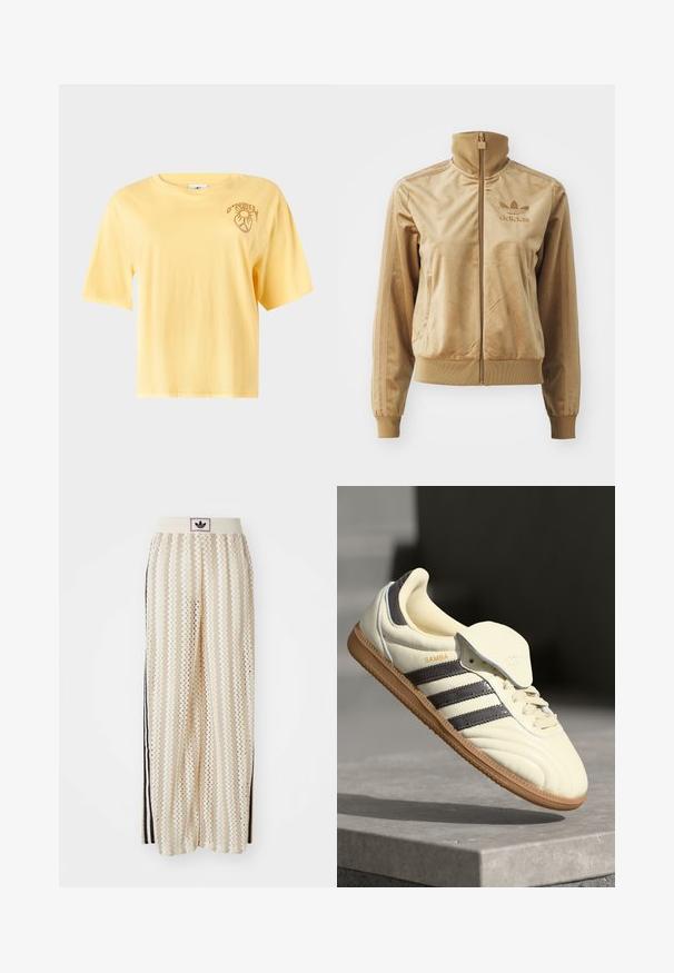 Tan velour zip-up jacka med hög krage. Har ribbade ärmslut och nederkant, sidofickor och broderad logga på bröstet.; Gul bomulls t-shirt med korta ärmar, rund halsringning och en tryckt grafisk design på vänster bröstområde. Slät struktur, avslappnad passform.; Krämfärgade vida byxor med ett zick-zack-mönster, med en svart logoband och svarta sidostråk. Lätt och strukturerad tyg.; Krämfärgad lädersneaker med tre mörka ränder, en brun gummisula och rundad tå. Har en vikbar tunga märkt "SAMBA."