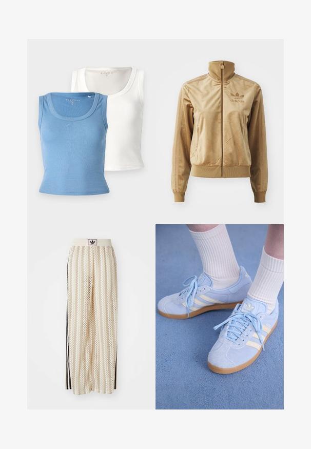 Giacca zip-up in velluto color sabbia con colletto alto. Presenta polsini e orlo a coste, tasche laterali e logo ricamato sul petto.; Due magliette smembrate: una azzurro chiaro e una bianca. Ognuna presenta un collo rotondo e una silhouette aderente, enfatizzando la texture del tessuto.; Pantaloni a gamba larga color crema con un motivo a zigzag, dotati di una fascia in vita nera con logo e strisce nere laterali. Tessuto leggero e testurizzato.; Sneaker scamosciate azzurro chiaro con strisce bianche, lacci piatti e suola in gomma. Calze bianche a costine indossate sopra la caviglia.