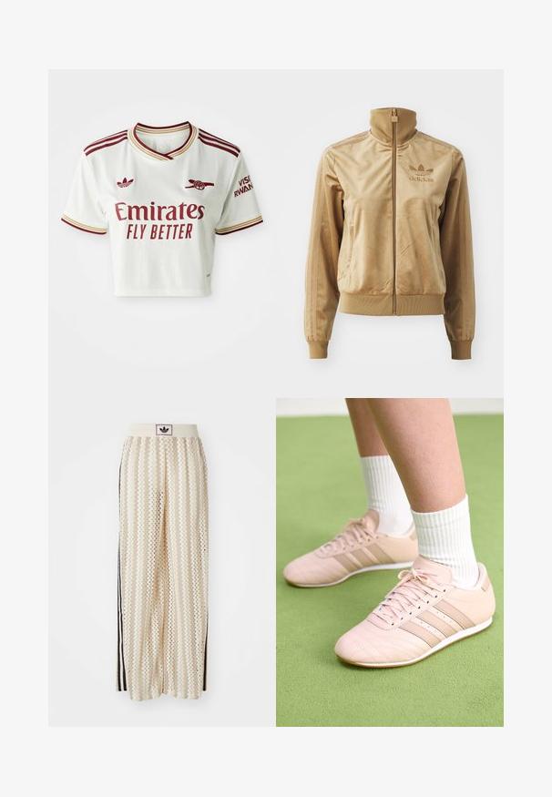 Veltīgs bēšs ar zips aizdara žakets ar augstu apkakli. Satur ribotās aproces un apakšmala, sānu kabatas un izšuvumu uz krūts.; Baltas īsajām piedurknēm sporta krekliņš ar tumši sarkanām Adidas svītrām, Emirates Fly Better logo, Arsenal artilērijas emblemu un Visit Rwanda uz piedurknes.; Krēmbalti plaša piegriezuma bikses ar zigzaga rakstu, ar melnu logotipa jostu un melnām sānu svītrām. Viegls, teksturēts audums.; Gaiši rozā sporta apavi ar diagonālu šuvju, baltām zolēm un trim sānu strīpām. Valkāti ar ribotām baltām zeķēm uz zaļas virsmas.