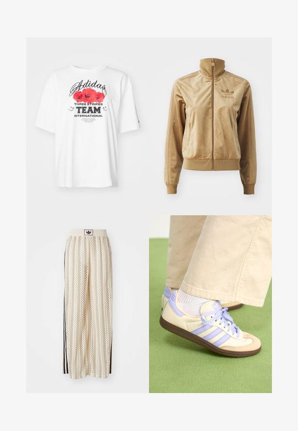 Šviesiai ruda velūrinė striukė su užtrauktuku ir aukštu apykakle. Savybės: pūstos rankovės ir apatinis kraštas, šoninės kišenės bei siuvinėtas logotipas ant krūtinės.; Balta medvilninė marškinėliai su rožinėmis rožių grafikomis, "Adidas" logotipu ir ryškiais didžiais „TEAM INTERNATIONAL“ užrašais. Trumpomis rankovėmis ir laisvu siluetu.; Grietos spalvos plačios kelnės su zigzagų raštu, turinčios juodą logotipo juostą ir šonines juodas juosteles. Lengvas, tekstūruotas audinys.; Kreminės ir levandų spalvos sportbačiai su trims juostelėmis ir tekstūruota ruda padais, su raišteliais ir paminkštintu kulnu. Minkšta medžiaginė viršutinė dalis.