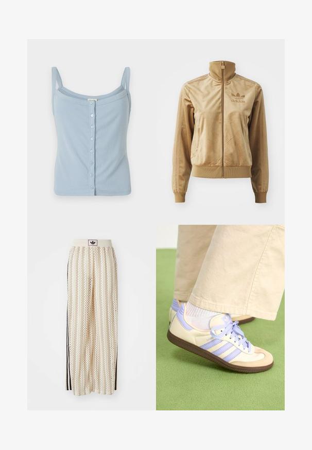 Giacca zip-up in velluto color sabbia con colletto alto. Presenta polsini e orlo a coste, tasche laterali e logo ricamato sul petto.; Top in cotone azzurro chiaro a coste con spalline sottili, caratterizzato da una chiusura frontale con bottoni e un design aderente. Texture morbida e stile semplice.; Pantaloni a gamba larga color crema con un motivo a zigzag, dotati di una fascia in vita nera con logo e strisce nere laterali. Tessuto leggero e testurizzato.; Sneakers crema e lavanda con tre strisce e suola marrone texturizzata, dotati di lacci e tallone imbottito. Parte superiore in tessuto morbido.