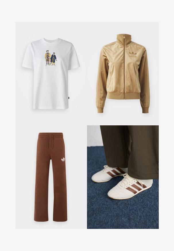 Tan velour zip-up jakke med høy krage. Den har ribbestrikkede mansjetter og kant, sidelommer og brodert logo på brystet.; Hvit bomullt-skjorte med en grafisk illustrasjon av to tegneseriefigurer i fargerike klær. Rund hals og korte ermer.; Brune joggebukser i mykt stoff med avslappet passform, med elastisk liv og snøring, samt en hvit logo på venstre lår.; Hvite sneakers med brune striper, iført med brune bukser på blå teppebelagt gulv.