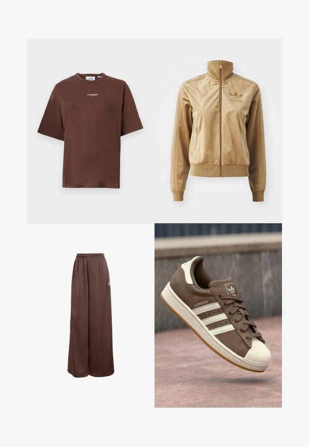 Tan velour zip-up jakke med høy krage. Den har ribbestrikkede mansjetter og kant, sidelommer og brodert logo på brystet.; Brun bomulls t-skjorte med avslappet passform, rund hals og korte ermer. Har liten tekst "JJXX STUDIO" foran.; adidas Originals Joggebukse - auburn cream white; Brune semsket sneakers med hvite striper, kremfargede detaljer og gummiskalltå. Har snøring og teksturert gummisåle.