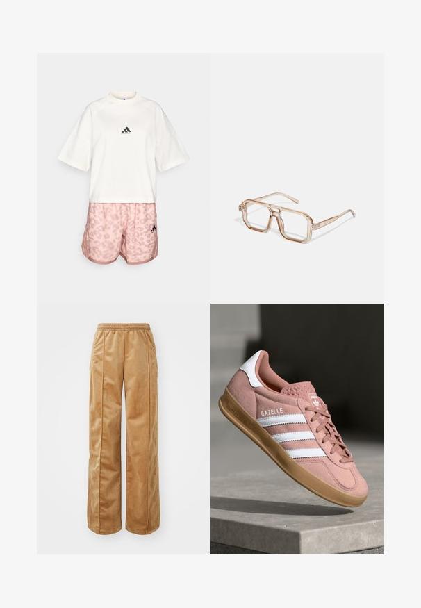 Tan Velours Sweatjacke mit hohem Kragen. Verfügt über gerippte Bündchen und Saum, seitliche Taschen und ein gesticktes Logo auf der Brust.; adidas Performance TEE - T-Shirt print - chalk white; Beigeweite Hosen aus weichem, samtigem Material. Verfügt über einen elastischen Bund und vertikale Nähte an der Vorderseite für zusätzliche Details.; Rosa Wildleder-Sneaker mit weißen Streifen, Gummisohle, strukturiertem Obermaterial und Logo auf der Zunge. Klassisches Low-Top-Design.; Transparente hexagonale Brillen mit hellbraunen Farbtönen; dicke, klare Fassungen und schlanke Bügel; keine sichtbaren Logos oder Muster.; Tasche aus braunem Leder mit glatter Textur, runder Form, zwei Griffen und einem dekorativen Anhänger. Sie verfügt über dezente Nähte und ein schlankes Design.