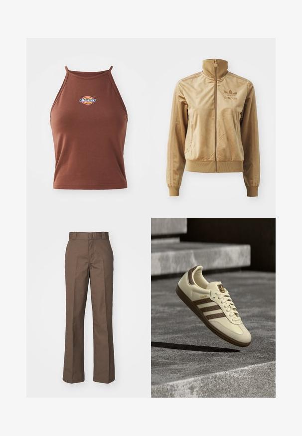 Barna velúr zipzáros dzseki magas gallérral. Bordás mandzsettákkal és aljjal, oldalsó zsebekkel, és hímzett logóval a mellen.; Barna ujjatlan crop top, rugalmas anyagból készült, elől színes "Dickies" logóval és vékony pántokkal.; Barna pamut nadrág egyenes szárú dizájnnal, lapos elülső résszel és övhurkokkal. Sima textúra, látható minták vagy díszítések nélkül.; Krém színű sportcipő barna résszel, texturált oldalsávokkal és sima bőr felülettel. Fűzős kialakítású és gumi talpú.