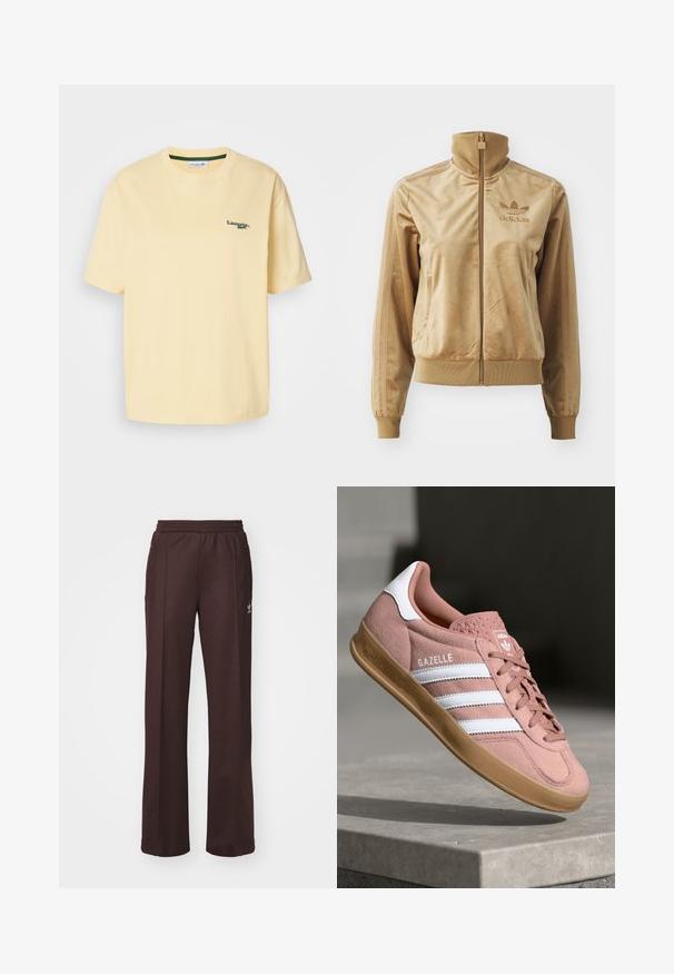 Hnedá velúrová mikina s dlhým zipsom a vysokým golierom. Obsahuje rebrované manžety a lem, bočné vrecká a vyšívané logo na hrudi.; Žlté bavlnené tričko s voľným strihom, krátkymi rukávmi a zeleným vyšitým logom na ľavej hrudi. Hladká textúra, okrúhly výstrih.; Hnedé športové nohavice s elastickým pásom, dvoma bočnými vreckami a malým logom na ľavej strane, vyrobené z mäkkej látky.; Ružové semišové tenisky s bielymi pruhmi, gumovou podrážkou, textúrovaným vrchom a logom na jazykovej části. Klasický nízkoprofilový dizajn.