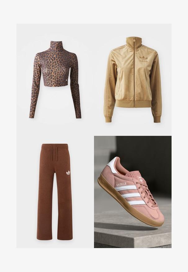 Tan velour zip-up jacket with a high collar. Features ribbed cuffs and hem, side pockets, and embroidered logo on the chest.; Leopard print long-sleeve crop top in brown and black, featuring a high neck and sleek, smooth texture. Subtle logo detail at the hem.; Brown sweatpants in soft fabric with a relaxed fit, featuring an elastic waistband, drawstring, and a white logo on the left thigh.; Pink suede sneaker with white stripes, rubber gum sole, textured upper, and logo on tongue. Classic low-top design.