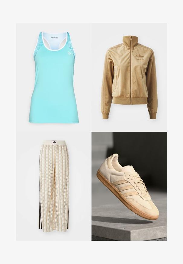 Tan velour zip-up jakke med høy krage. Den har ribbestrikkede mansjetter og kant, sidelommer og brodert logo på brystet.; Turkist idrettstopp med racerback-design, hvit kanting og et mønstrete akcent på skuldrene for bedre pusteevne.; Kremfargede bukser med brede ben og zigzag-mønster, med en svart logo-linning og svarte striper på siden. Lett, teksturert stoff.; Lys beige suedette sneakers med gummisåle, tre diagonale striper og en teksturert tåhette. Har logo på tungen og siden.