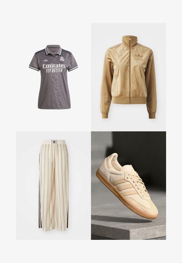 Bež velur jakna s patentnim zatvaračem i visokim ovratnikom. Sadrži rebraste rukave i rub, bočne džepove i izvezeni logotip na prsima.; Siva polo majica s suptilnim teksturiranim uzorkom, bijelim logotipom "Emirates" i Adidas oznakom; ima klasični ovratnik i prugaste detalje.; Pantalone širokog kroja krem boje s zigzag uzorkom, koji sadrži sivi pojas s crnim logotipom i bočne crne pruge. Lagani, teksturirani materijal.; Svijetlosmeđi nubuk tenisice s gumenim potplatom, tri dijagonalne pruge i teksturirani vrh. Sadrži logo na jeziku i bočnoj strani.