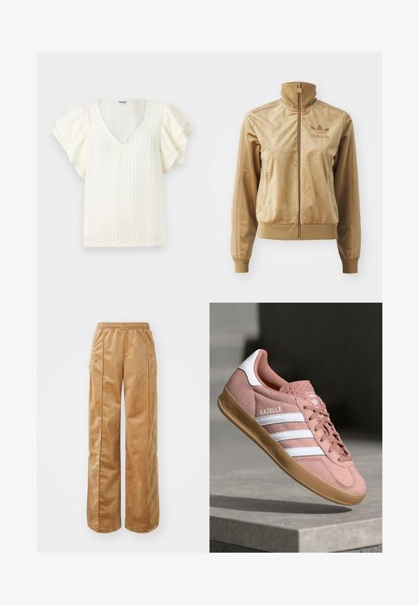 Bež velur jakna na zip z visokim ovratnikom. Ima rebraste manšete in rob, stranske žepe ter izvezeno logo na prsih.; Bela bluzica s kratkimi nabrano obrobljenimi rokavi, V-izrezom in vertikalnimi teksturiranimi črtami. Lahkoten material z nežen, mehak lesk.; Tamne široke hlače iz mehke, žametne tkanine. Imajo elastičen pas in vertikalne šive spredaj za dodaten detajl.; Roza semiš športni copat z belimi črtami, gumijastim podplatom, teksturiranim zgornjim delom in logotipom na ježku. Klasična nizka zasnova.