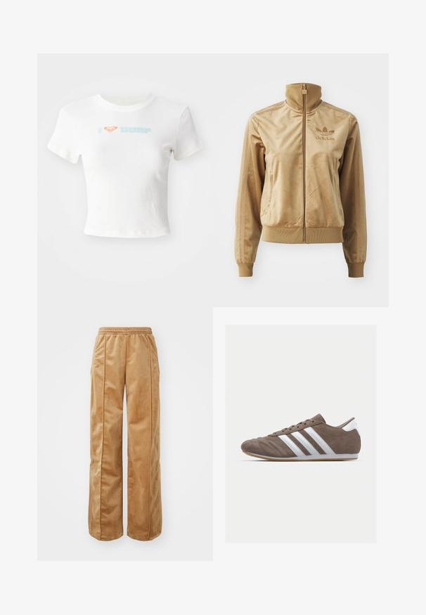 Šviesiai ruda velūrinė striukė su užtrauktuku ir aukštu apykakle. Savybės: pūstos rankovės ir apatinis kraštas, šoninės kišenės bei siuvinėtas logotipas ant krūtinės.; Balta trumpa medvilninė marškinėliai. Su užrašu "Aš ❤️ SURF" šviesiai mėlyna ir oranžine spalvomis. Trumpomis rankovėmis ir apvaliu iškirptu.; Kreminės pločio kojų kelnės, pagamintos iš švelnaus, veliūrinio audinio. Yra elastinga juosmens juosta ir vertikalios siūlės priekyje, suteikiančios papildomo akcento.; Rudos zomšo sportiniai batai su baltais dryžiais, apvaliu nosiu, raištelių dizainu ir guminėmis padangomis. Tekstūruotas viršus su siuvinėjimo detalėmis.