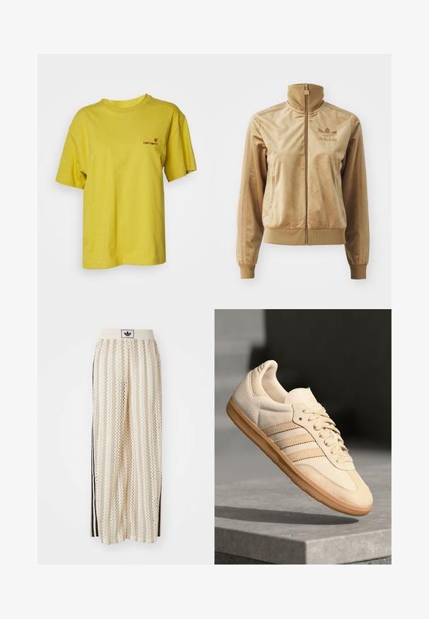 Tan velours zip-up jack met een hoge kraag. Bevat ribgebreide boorden en zoom, zijzakken en een geborduurd logo op de borst.; Carhartt WIP AMERICAN SCRIPT - T-shirt basic - golden olive; Crème kleurige wijde broek met een zigzagpatroon, met een zwarte logo tailleband en zij zwarte strepen. Lichtgewicht, gestructureerde stof.; Lichtbeige suède sneaker met een gumrubberen buitenzool, drie diagonale strepen en een textuur op de neus. Voorzien van een logo op de tong en de zijkant.