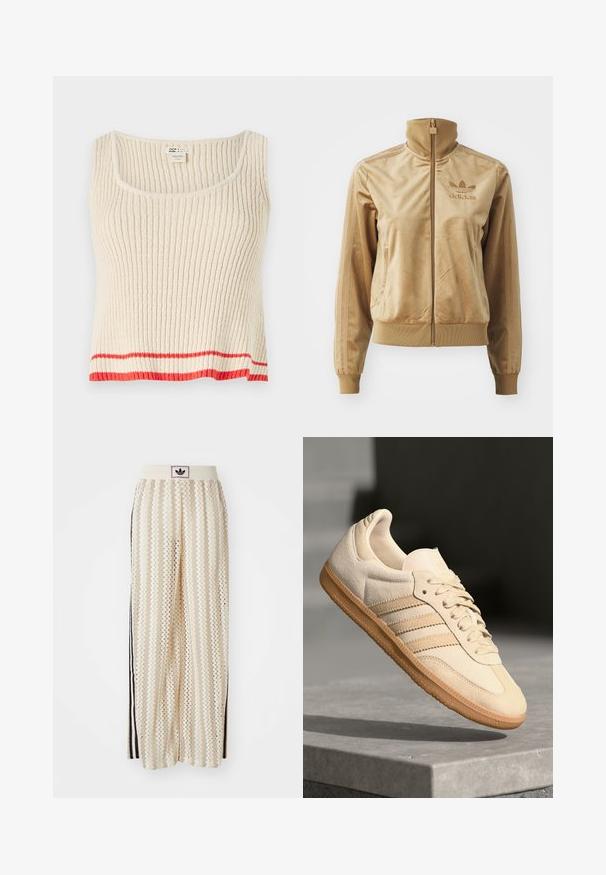 Tan velours zip-up jack met een hoge kraag. Bevat ribgebreide boorden en zoom, zijzakken en een geborduurd logo op de borst.; Crème-kleurige geribde tanktop met een ronde hals en een rode horizontale streep aan de onderkant. Zachte, gestructureerde stof met een relaxte pasvorm.; Crème kleurige wijde broek met een zigzagpatroon, met een zwarte logo tailleband en zij zwarte strepen. Lichtgewicht, gestructureerde stof.; Lichtbeige suède sneaker met een gumrubberen buitenzool, drie diagonale strepen en een textuur op de neus. Voorzien van een logo op de tong en de zijkant.