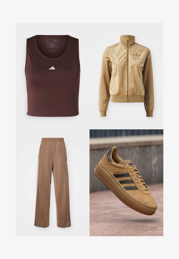 Tan velour zip-up jacka med hög krage. Har ribbade ärmslut och nederkant, sidofickor och broderad logga på bröstet.; adidas Performance TECHFIT CROPPED - Linne - shadow brown; Bruna träningsbyxor i mjukt tyg, med resår i midjan, sidofickor och vita logodetaljer på vänster höft.; Tan mockasiner i mocka med en slät yta, som har tre mörka ränder, en rund tå och en tjockare sula med ett mönstrat kant.