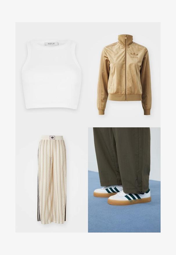 Jachetă crem din velur, cu fermoar, având un guler înalt. Dispune de manșete și tiv cu un model ribatat, buzunare laterale și un logo brodat pe piept.; Top scurt alb cu dungulițe, având decolteu rotund și design fără mâneci. Eticheta spune "REPLAY" aproape de decolteu. Textura este netedă pe toată suprafața.; Pantaloni largi de culoare crem, cu un model în zigzag, având un brâu cu logo negru și dungi laterale negre. Material ușor, texturat.; Adidași albi cu dungi verzi, talpă din cauciuc de gumă, asortați cu pantaloni verzi măslinii, tapered, cu prinderi la glezne.