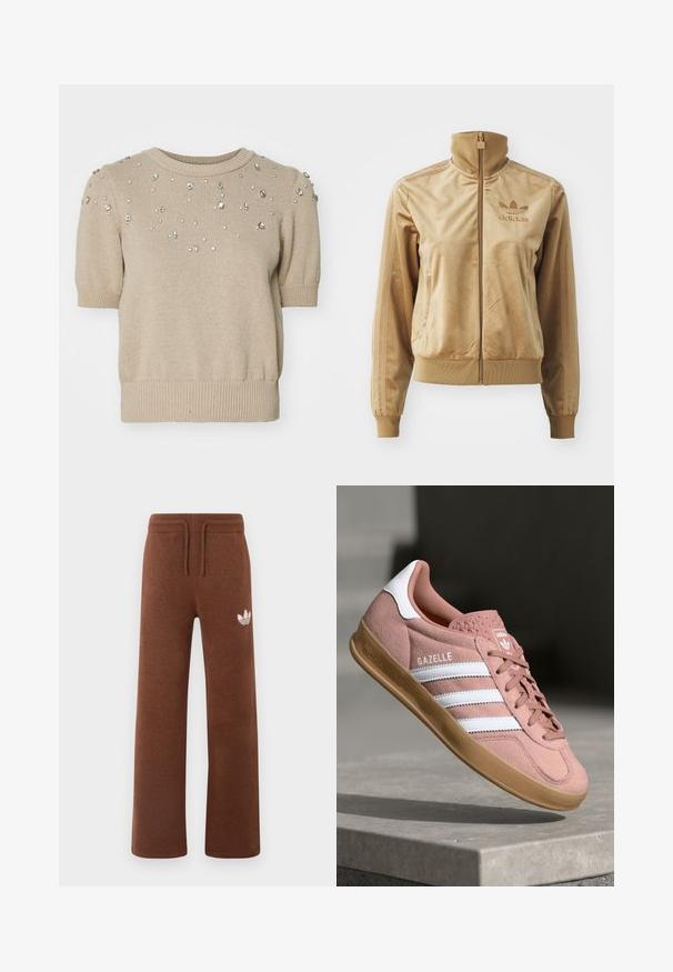 Tan velour zip-up jakke med høy krage. Den har ribbestrikkede mansjetter og kant, sidelommer og brodert logo på brystet.; Beige strikket kortermet genser med rund hals, prydet med spredte klare rhinestones foran og ribbestrikkede mansjetter og nederkant.; Brune joggebukser i mykt stoff med avslappet passform, med elastisk liv og snøring, samt en hvit logo på venstre lår.; Rosa semskesneaker med hvite striper, gummisåle, teksturert overdel og logo på tungen. Klassisk lavt design.