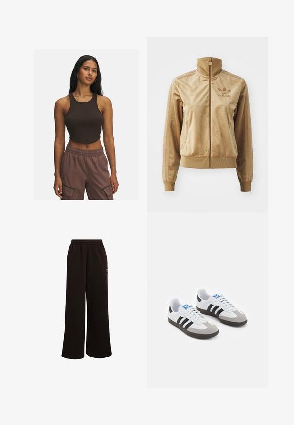 Chaqueta de felpa de color beige con cremallera y cuello alto. Presenta puños y dobladillo acanalados, bolsillos laterales y un logo bordado en el pecho.; Top corto de canalé marrón con escote redondeado y costuras mínimas, combinado con pantalones marrones claros que cuentan con bolsillos laterales y cinturilla elástica.; Pantalones deportivos negros de pierna ancha confeccionados con tela suave, con cintura elástica y un pequeño detalle de logo en el lateral.; Zapatillas deportivas con parte superior de piel blanca, puntera de ante gris y tres rayas negras. Presentan un logo azul en la lengüeta y una suela de goma texturizada.