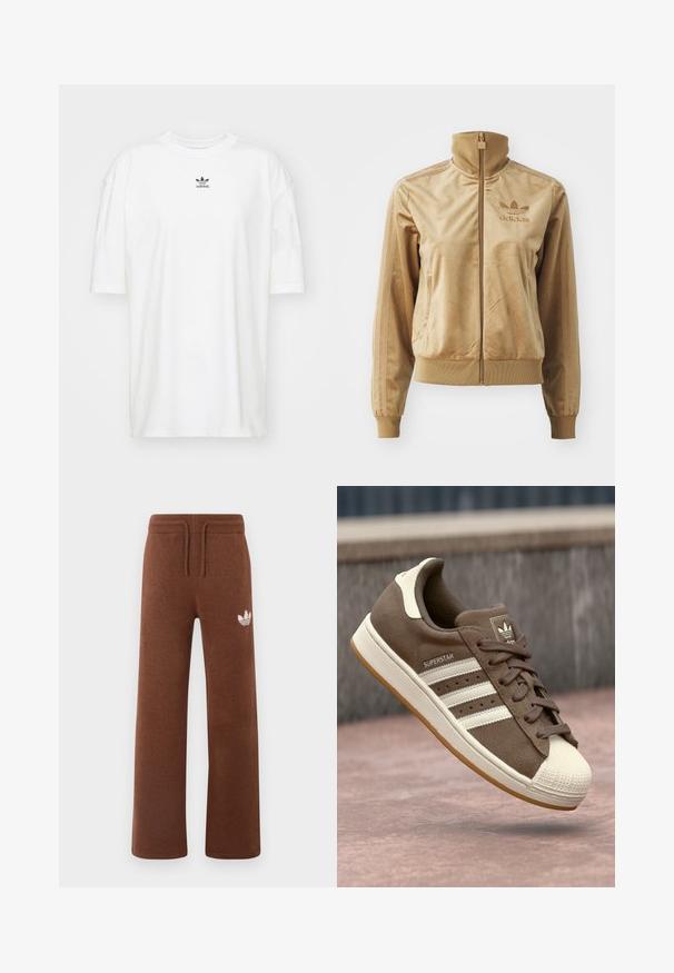 Tan velour zip-up jakke med høj krave. Har ribbede manchetter og kant, sidelommer og broderet logo på brystet.; adidas Originals TEE - T-shirts basic - cloud white; Brune sweatpants i blødt stof med en afslappet pasform, der har en elastisk talje, snørre og et hvidt logo på venstre lår.; Brune ruskinds sneakers med hvide striber, cremefarvede detaljer og gummiskal tå. Har snørebåndsdesign og struktureret gummisål.