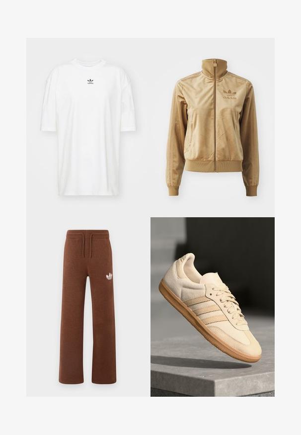 Giacca zip-up in velluto color sabbia con colletto alto. Presenta polsini e orlo a coste, tasche laterali e logo ricamato sul petto.; adidas Originals TEE - T-shirt basic - cloud white; Pantaloni sportivi marroni in tessuto morbido con una vestibilità comoda, dotati di vita elastica, cordoncino e un logo bianco sulla coscia sinistra.; Sneaker in suede beige chiaro con suola in gomma, tre strisce diagonali e punta con texture. Presenta il logo sulla linguetta e sul lato.