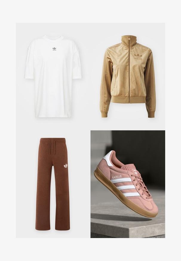 Tan velour zip-up jakke med høj krave. Har ribbede manchetter og kant, sidelommer og broderet logo på brystet.; adidas Originals TEE - T-shirts basic - cloud white; Brune sweatpants i blødt stof med en afslappet pasform, der har en elastisk talje, snørre og et hvidt logo på venstre lår.; Rosa ruskinds sneaker med hvide striber, gummisål, tekstureret overdel og logo på tungen. Klassisk low-top design.
