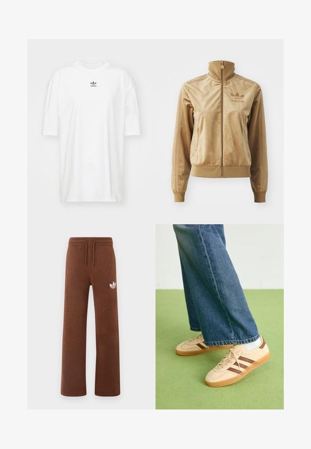 Tan velour zip-up jakke med høy krage. Den har ribbestrikkede mansjetter og kant, sidelommer og brodert logo på brystet.; adidas Originals TEE - T-shirts - cloud white; Brune joggebukser i mykt stoff med avslappet passform, med elastisk liv og snøring, samt en hvit logo på venstre lår.; Beige joggesko med teksturerte kremfargede paneler og brune striper, parret med blå denimjeans. Jeansene har vid ben og frynsete kant.