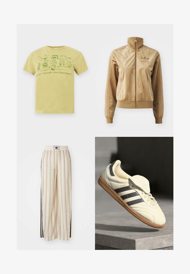 Kreemjas veluurist kapuutsiga jakki, mis sulgub tõmbel. Omab soonikkudega mansette ja allääri, küljetaskuid ning tikandiga logo rinnal.; Kollane T-särk roheliste Peanuts tegelastega, kes seisavad, ning Snoopy, kes lamab, ja tekst "Kõik mu sõbrad on tegelased!"; Kreemivärvilised lai säärega püksid, millel on siksakmustrit, must logoga vööp ja külgmised mustad triibud. Kerge, tekstureeritud kangas.; Kreem värvi nahast tennisetossid, millel on kolm tumedat triipu, pruun kummi tald ja ümardatud varvas. Omab volditavat keelt, millel on sildil "SAMBA."